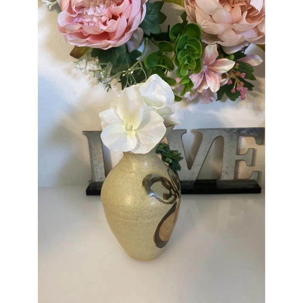 Vintage Hand Painted Stoneware Vase MCM Signed Numbered Peach Design‎ 6